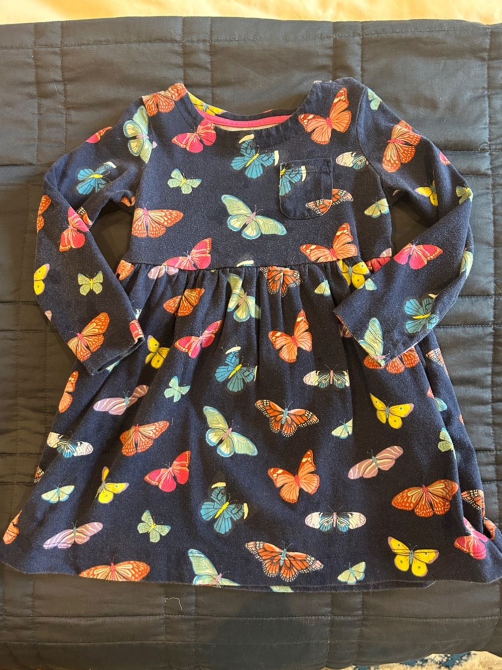 Mini Boden Navy Butterfly Print Long Sleeve Dress (3-4)